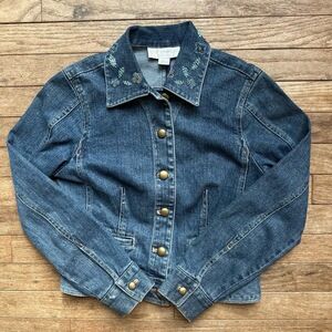 Petite Sophisticate Jean Jacket 90s Y2K Crop Beaded Floral Boho Chic Sz 2 Denim‎